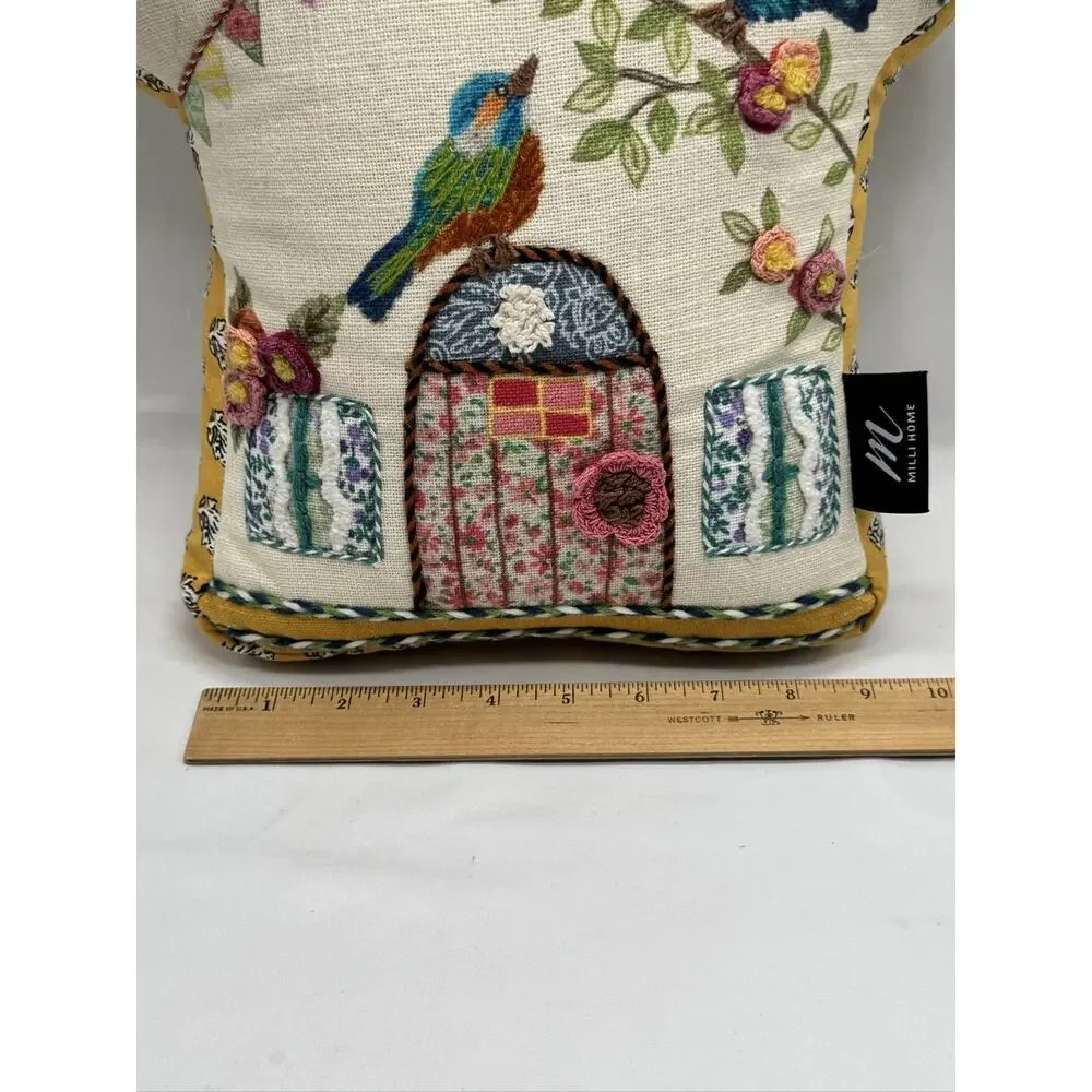 Milli Home Birdhouse Boho Applique Throw Pillow Tassels Multi-color NWOT COTTAGE